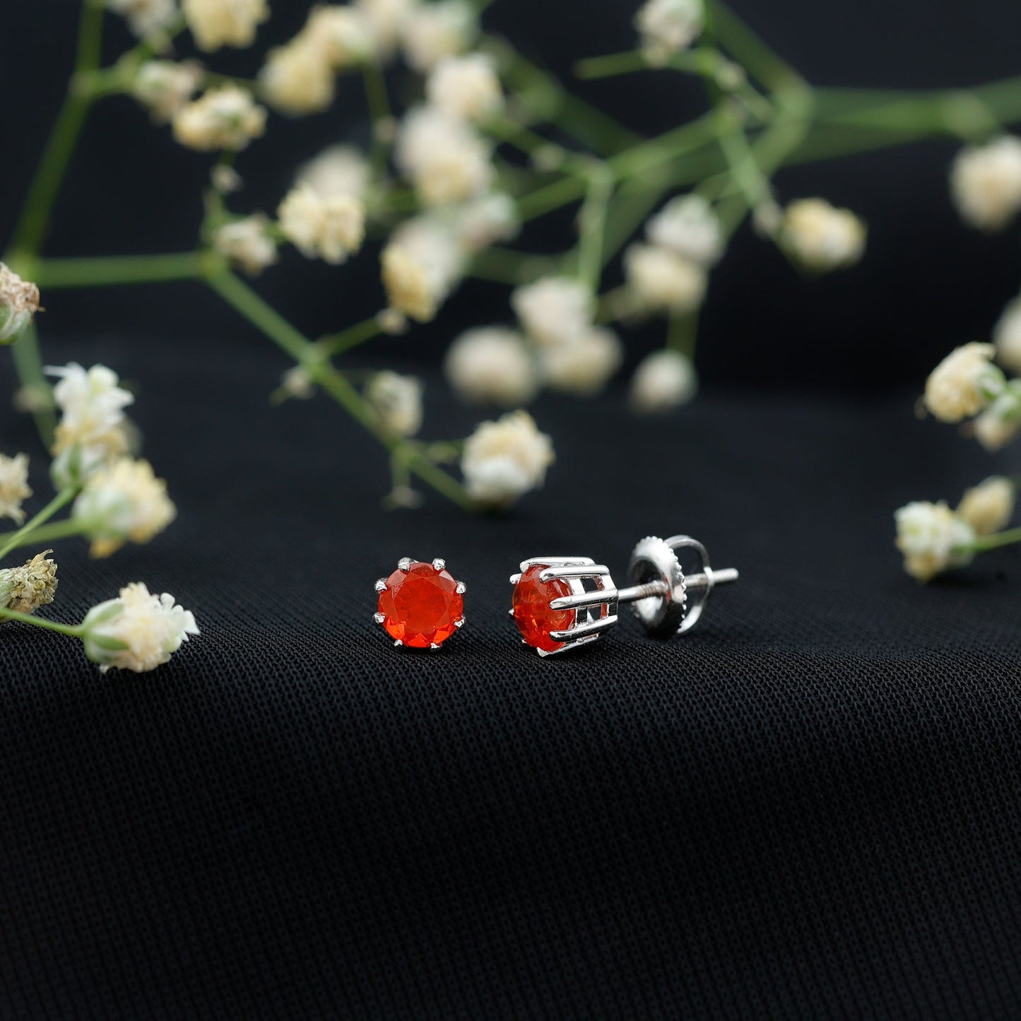 Natural Fire Opal Solitaire Stud Earrings for Women