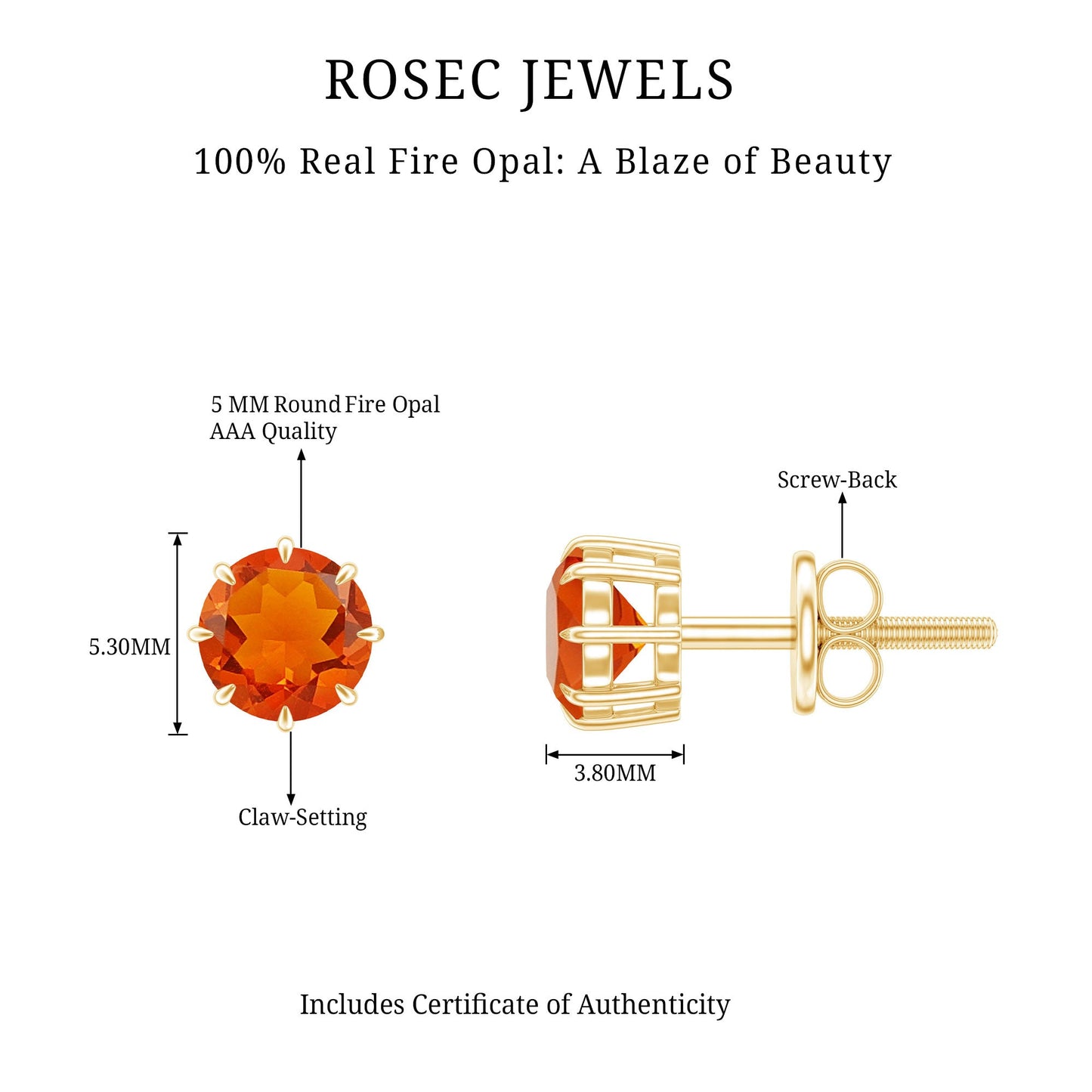 Natural Fire Opal Solitaire Stud Earrings for Women