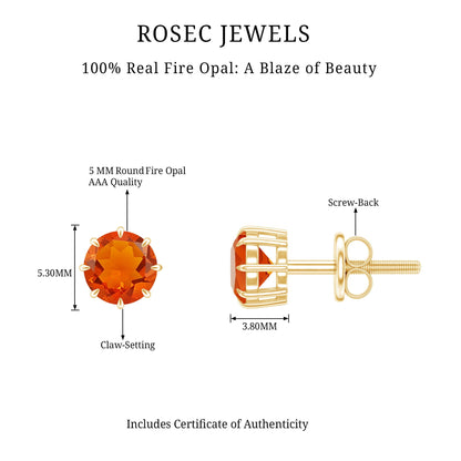 Natural Fire Opal Solitaire Stud Earrings for Women