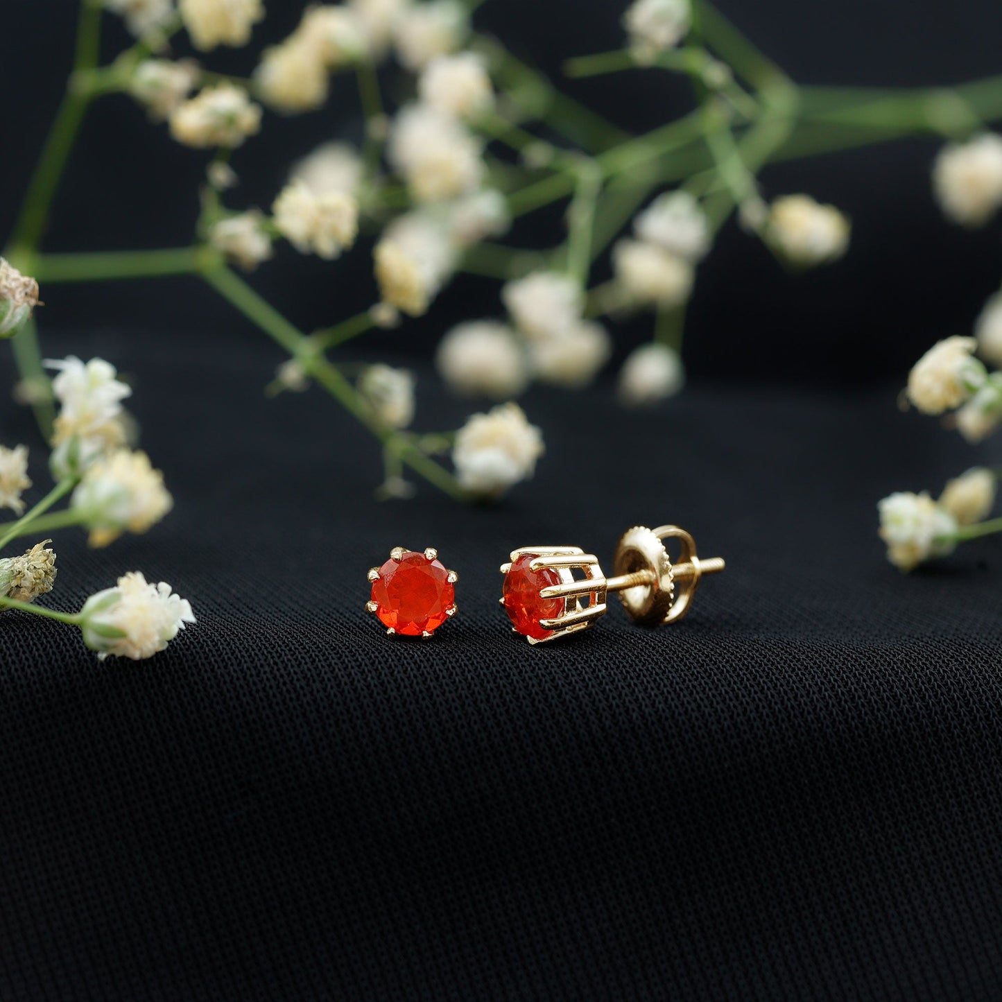 Natural Fire Opal Solitaire Stud Earrings for Women