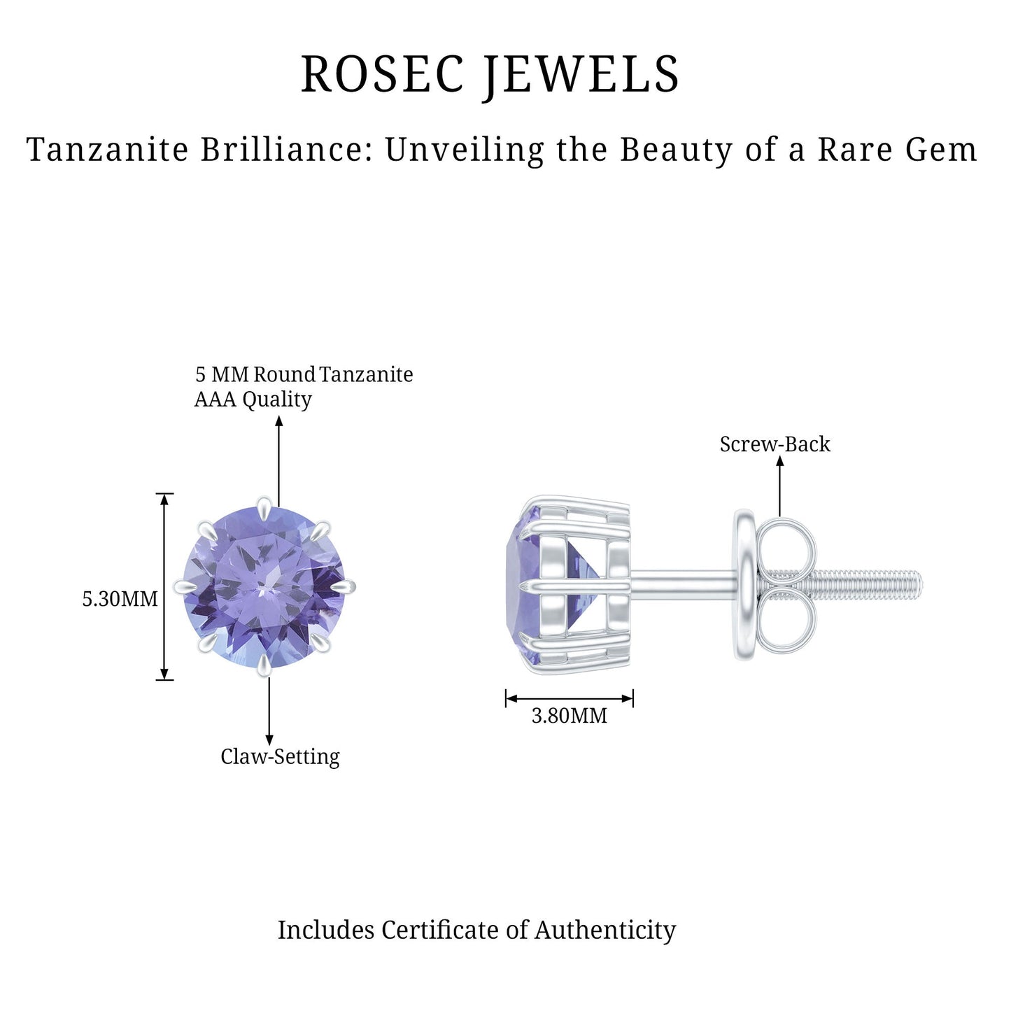 1 Carat Natural Tanzanite Round Stud Earrings for Women