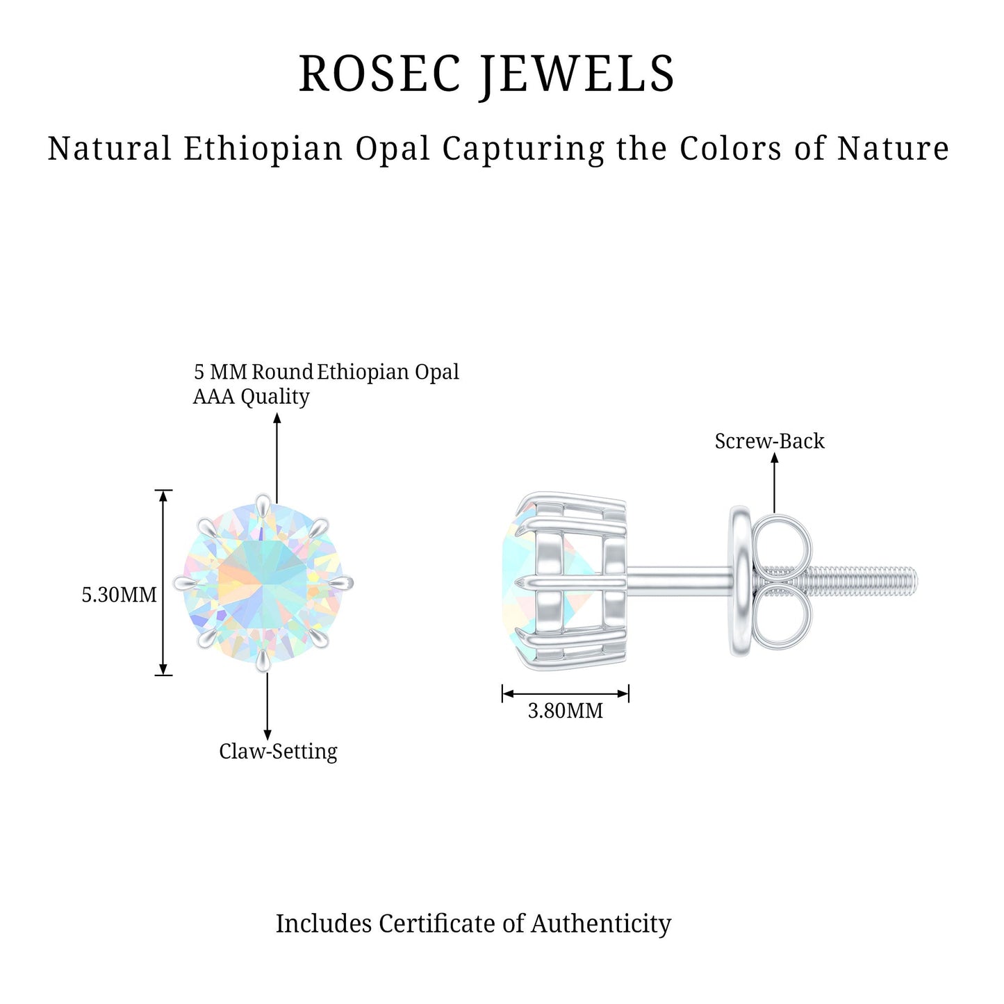 1 Carat Natural Ethiopian Opal Solitaire Stud Earrings