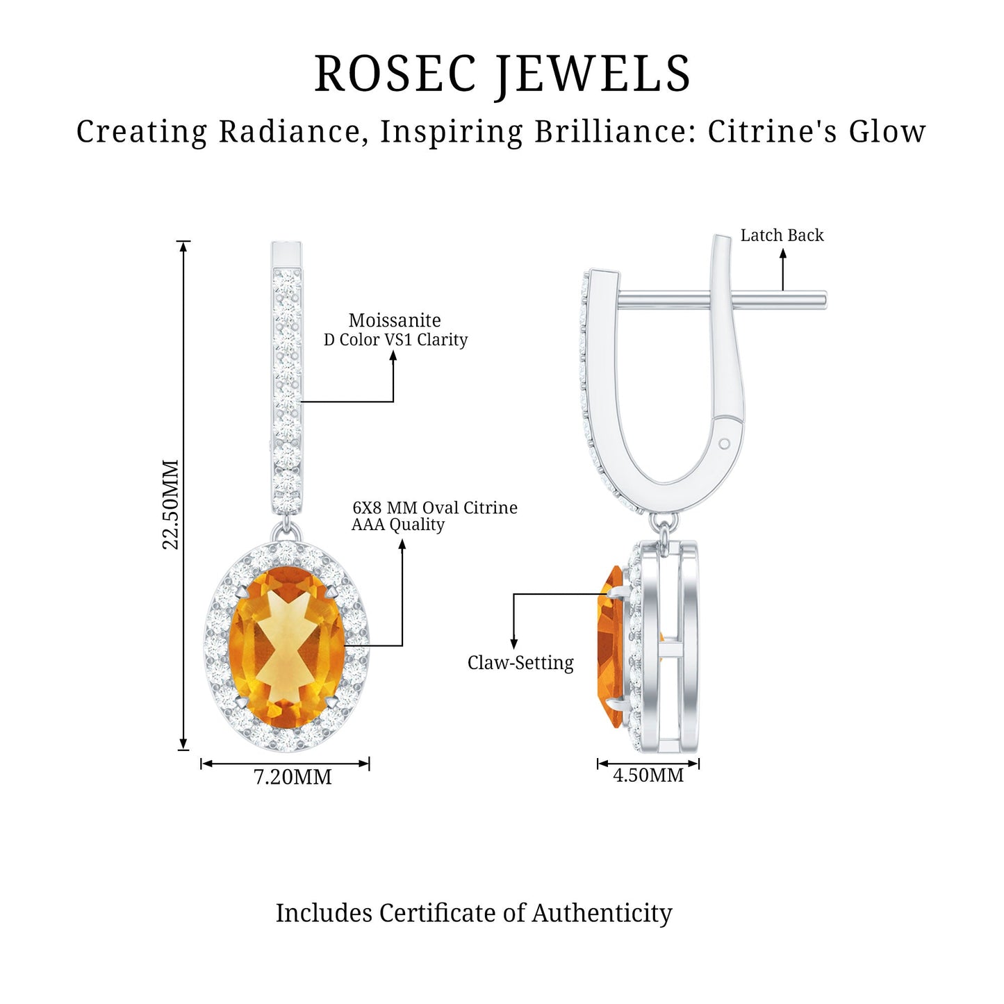 Genuine 2.2 Carat Oval Citrine Drop Earrings with Latch Back