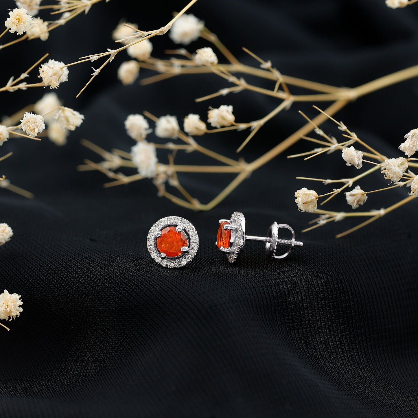 Natural Orange Fire Opal Stud Earrings With Diamonds