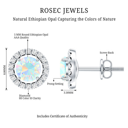 Round Ethiopian Opal and Diamond Halo Stud Earrings