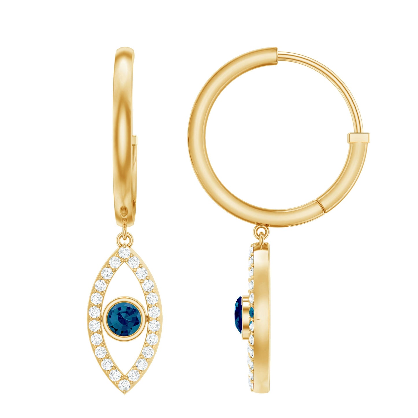 Real London Blue Topaz and Diamond Evil Eye Hoop Earrings