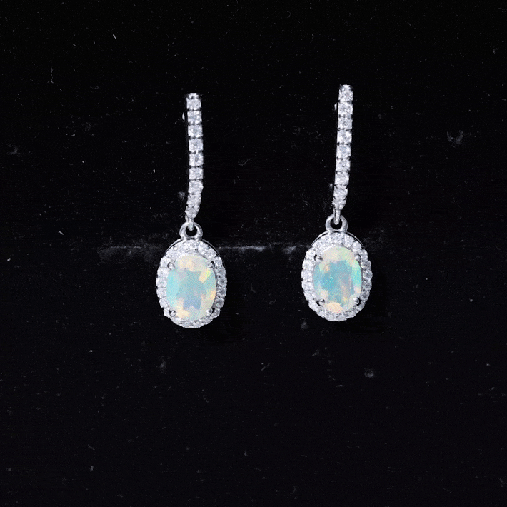 Natural Ethiopian Opal Hoop Drop Earrings with Diamond