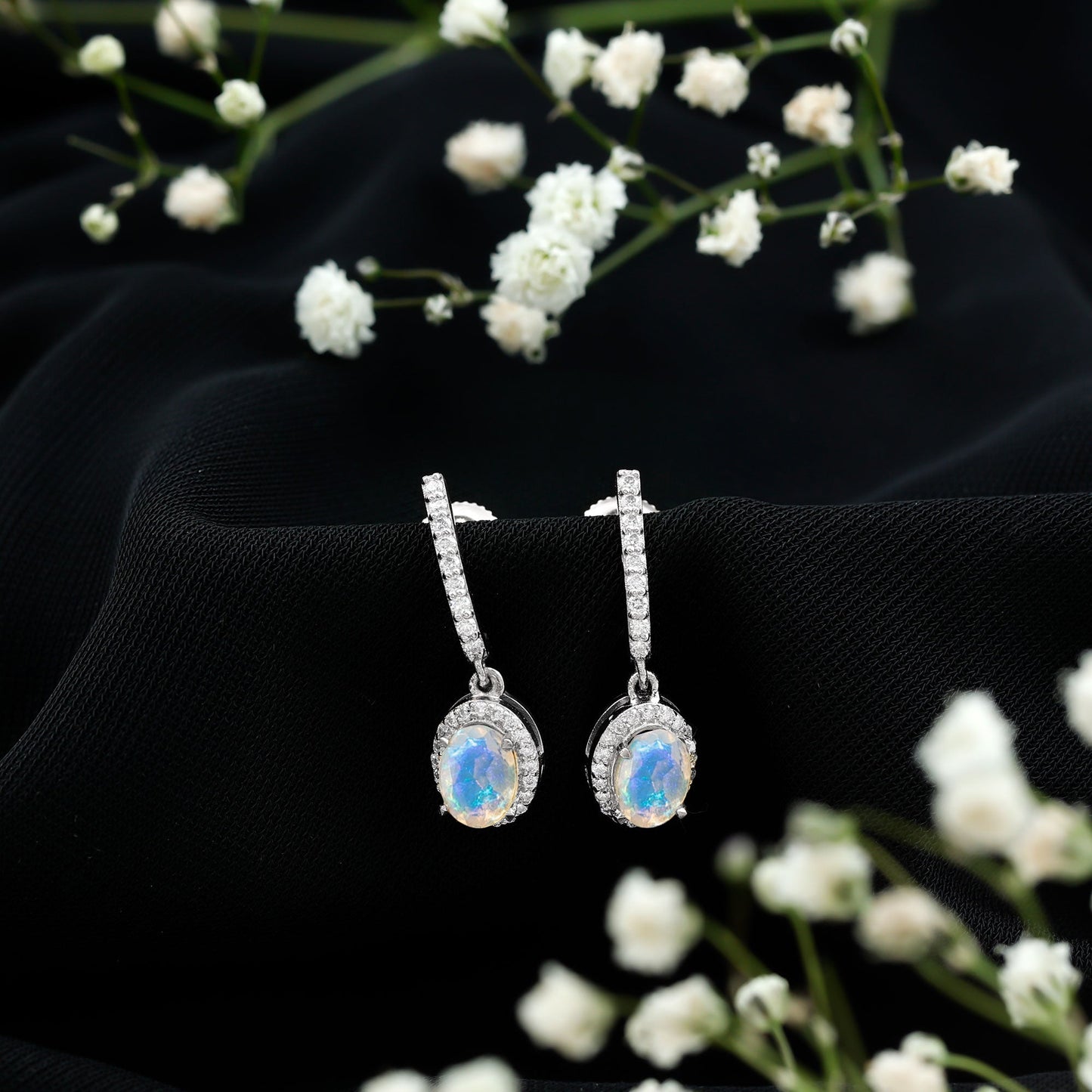 Natural Ethiopian Opal Hoop Drop Earrings with Diamond