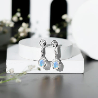 Natural Ethiopian Opal Hoop Drop Earrings with Diamond
