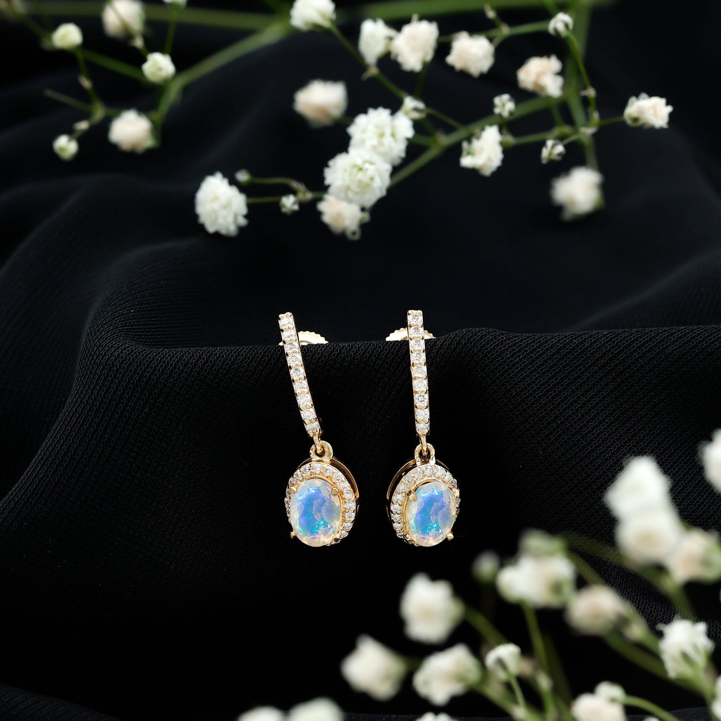 Natural Ethiopian Opal Hoop Drop Earrings with Diamond