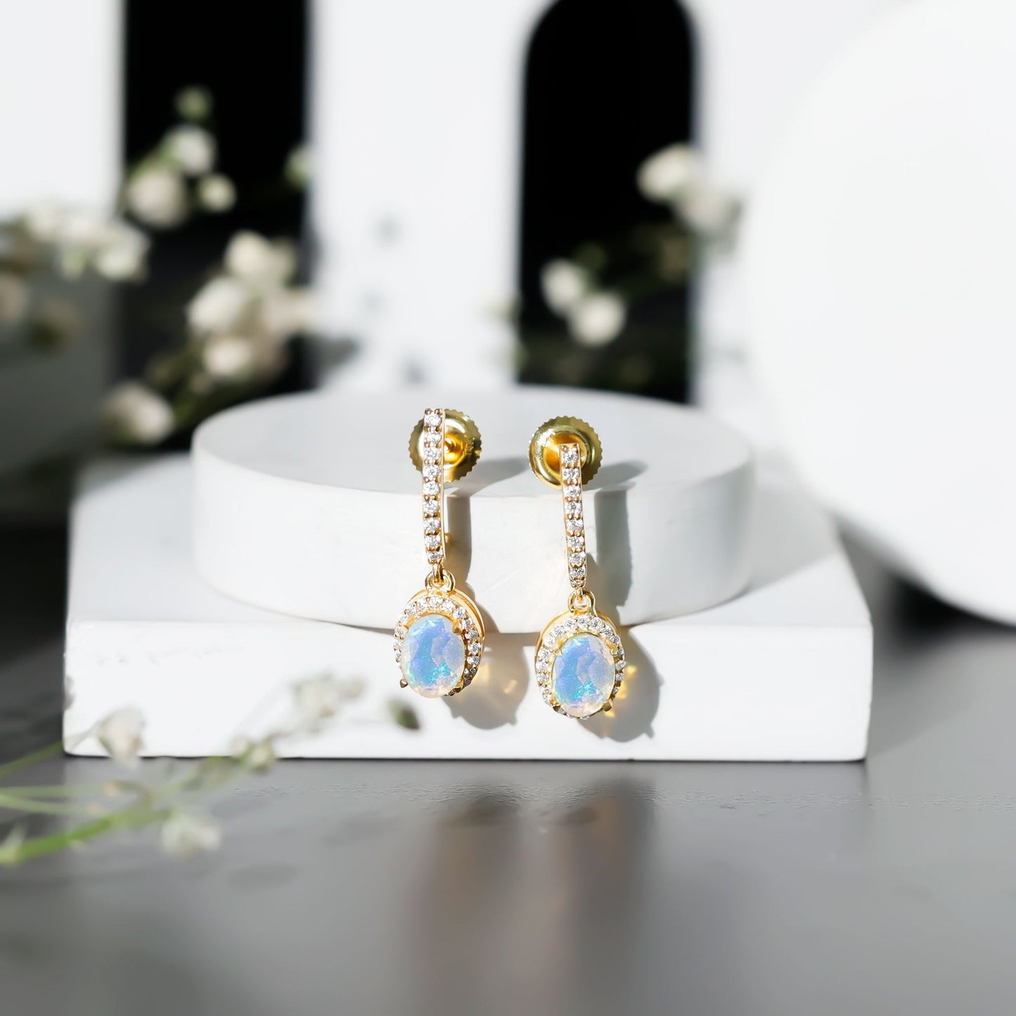 Natural Ethiopian Opal Hoop Drop Earrings with Diamond