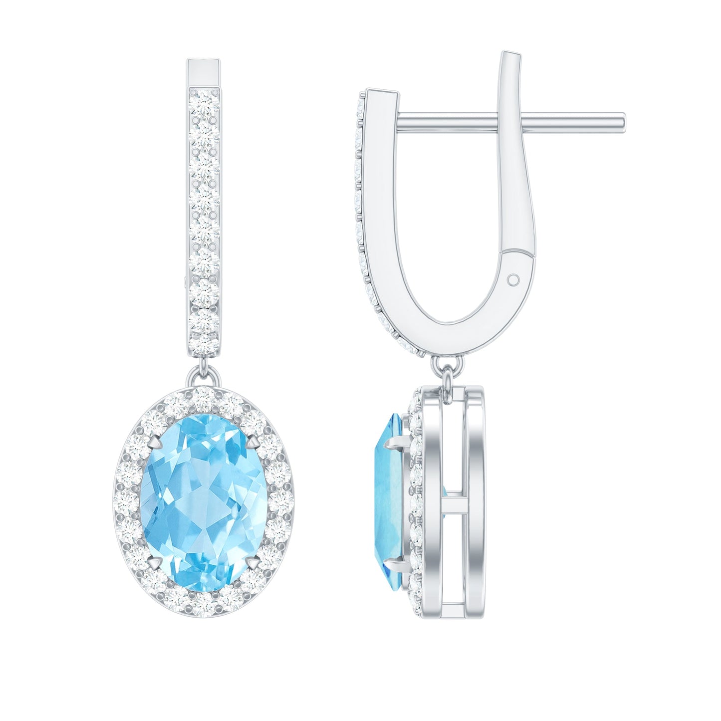 Natural 2.2 Carat Oval Aquamarine Drop Earrings with Diamond Halo