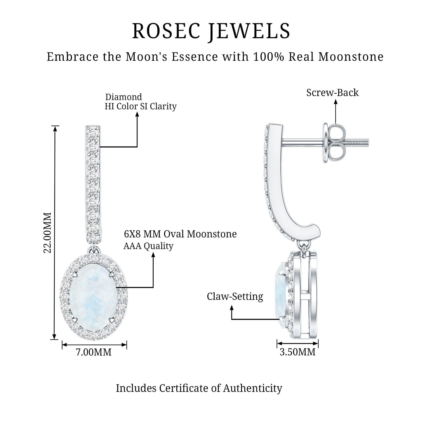 Genuine 1.2 Carat Oval Moonstone Drop Hoop Earrings with Diamond