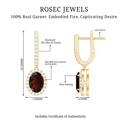 Oval Garnet and Diamond Hoop Drop Earrings with Latch Back