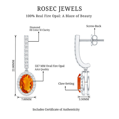 1.3 Carat Natural Oval Fire Opal Diamond Drop Earrings with Latch Back