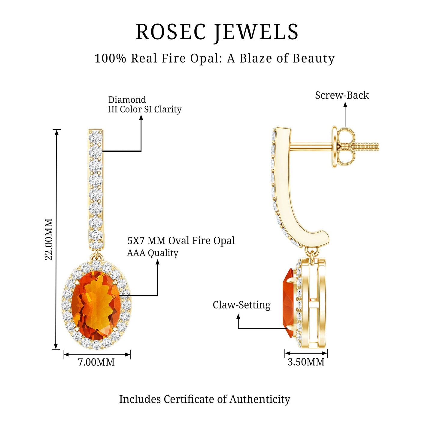1.3 Carat Natural Oval Fire Opal Diamond Drop Earrings with Latch Back