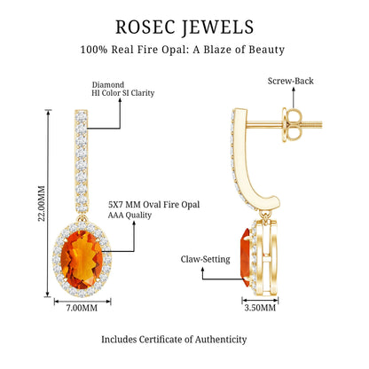 1.3 Carat Natural Oval Fire Opal Diamond Drop Earrings with Latch Back