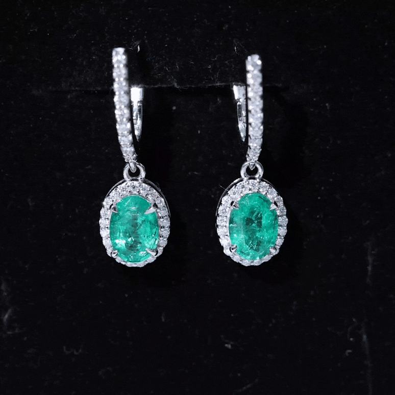 Oval Shape Emerald Hoop Drop Earrings with Diamond Halo