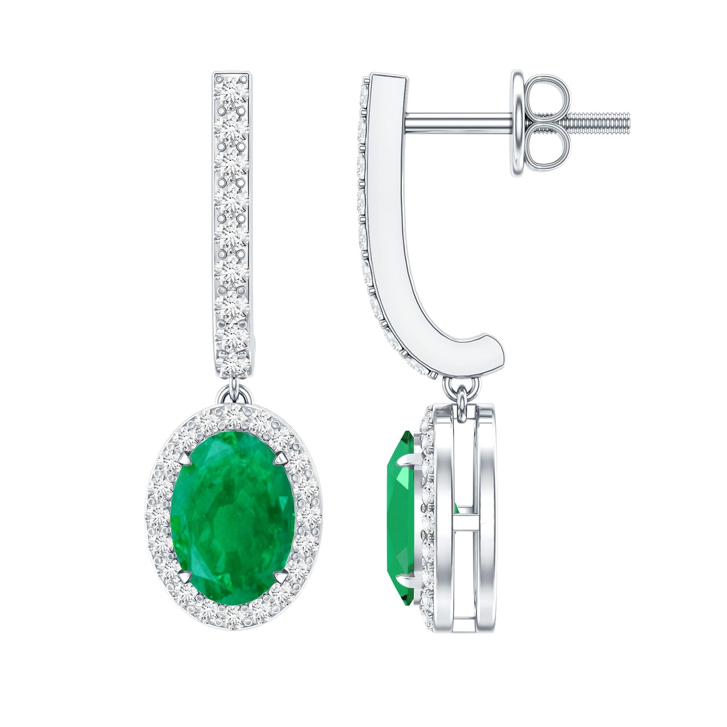 Oval Shape Emerald Hoop Drop Earrings with Diamond Halo