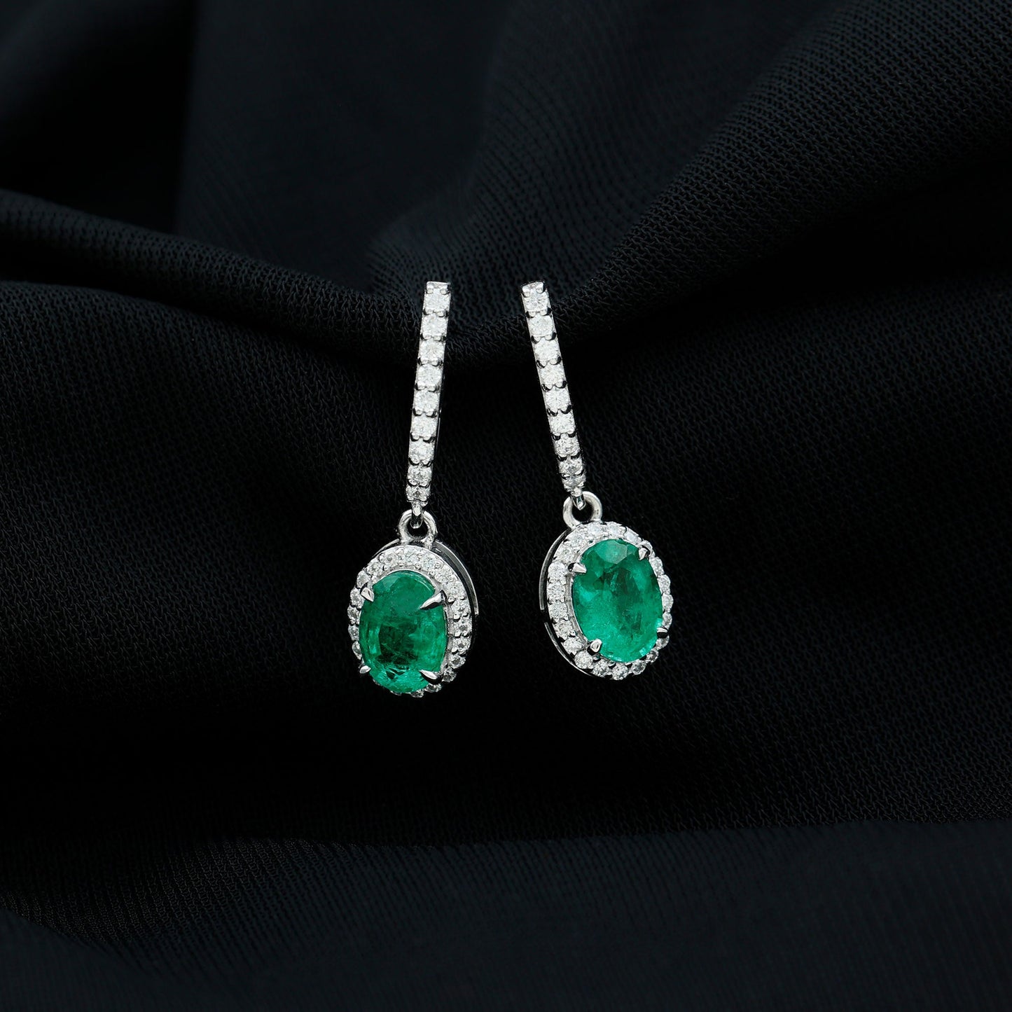 Oval Shape Emerald Hoop Drop Earrings with Diamond Halo