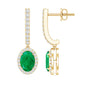 Oval Shape Emerald Hoop Drop Earrings with Diamond Halo