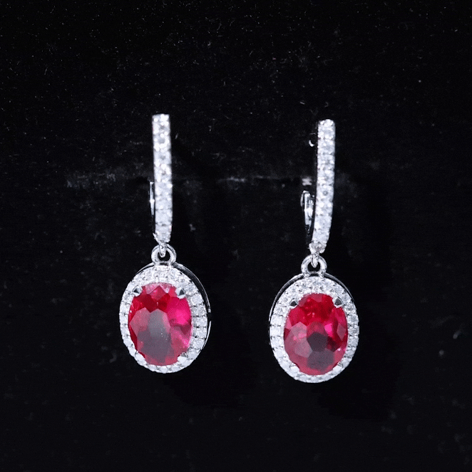 3 Carat Oval Lab Created Ruby Bridal Hoop Earrings with Diamond Halo