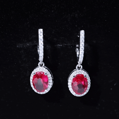 3 Carat Oval Lab Created Ruby Bridal Hoop Earrings with Diamond Halo