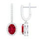 3 Carat Oval Lab Created Ruby Bridal Hoop Earrings with Diamond Halo