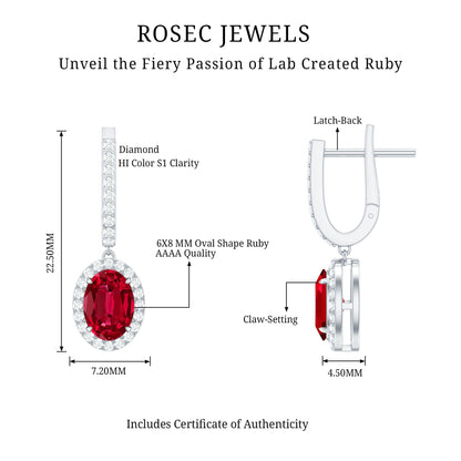 3 Carat Oval Lab Created Ruby Bridal Hoop Earrings with Diamond Halo