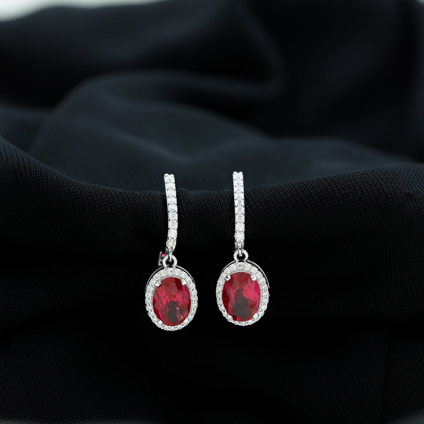 3 Carat Oval Lab Created Ruby Bridal Hoop Earrings with Diamond Halo