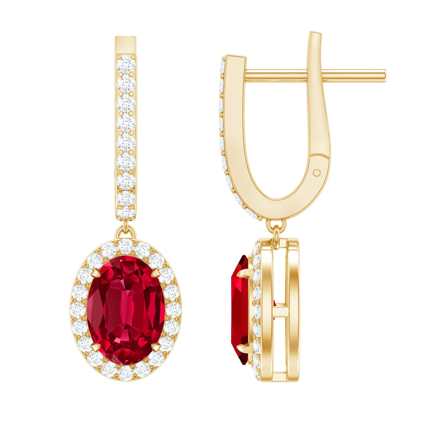 3 Carat Oval Lab Created Ruby Bridal Hoop Earrings with Diamond Halo