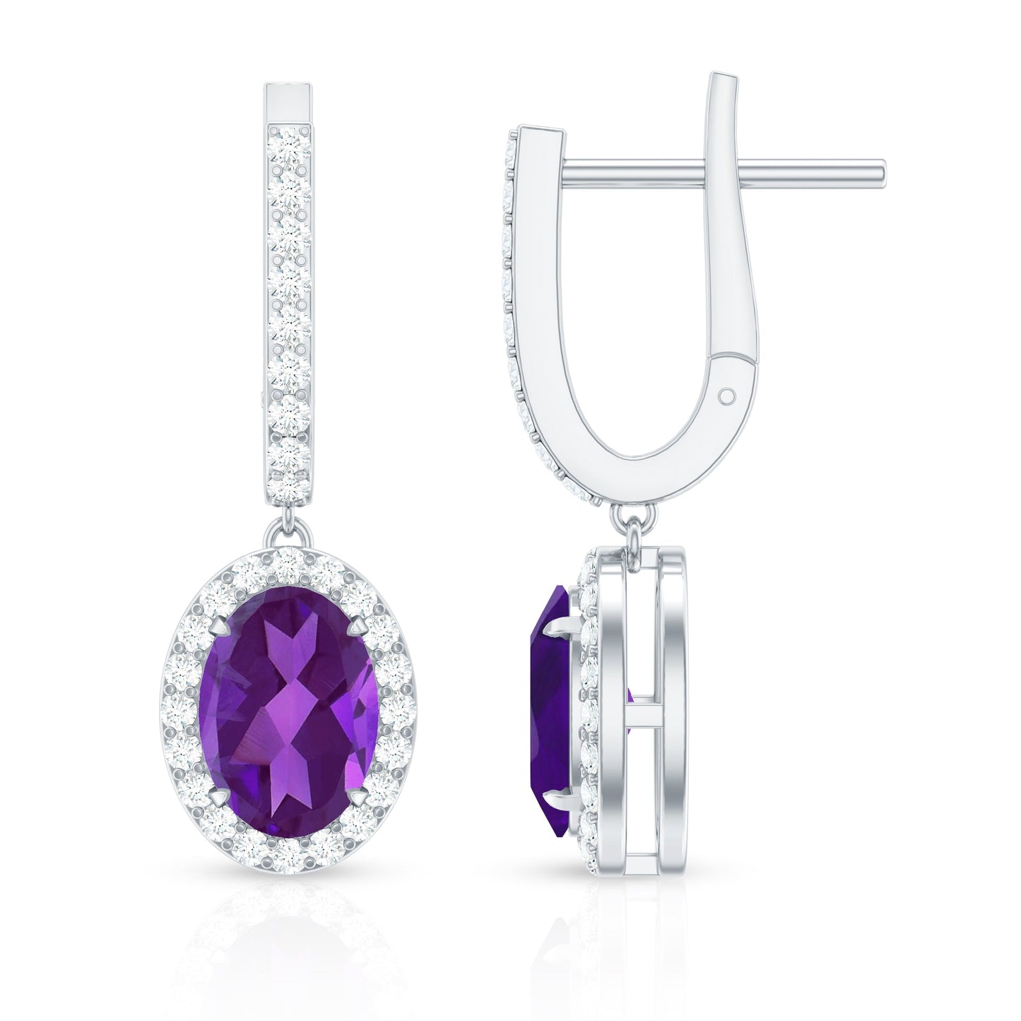 Natural Oval Amethyst Hoop Drop Earrings with Diamond Halo