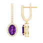Natural Oval Amethyst Hoop Drop Earrings with Diamond Halo