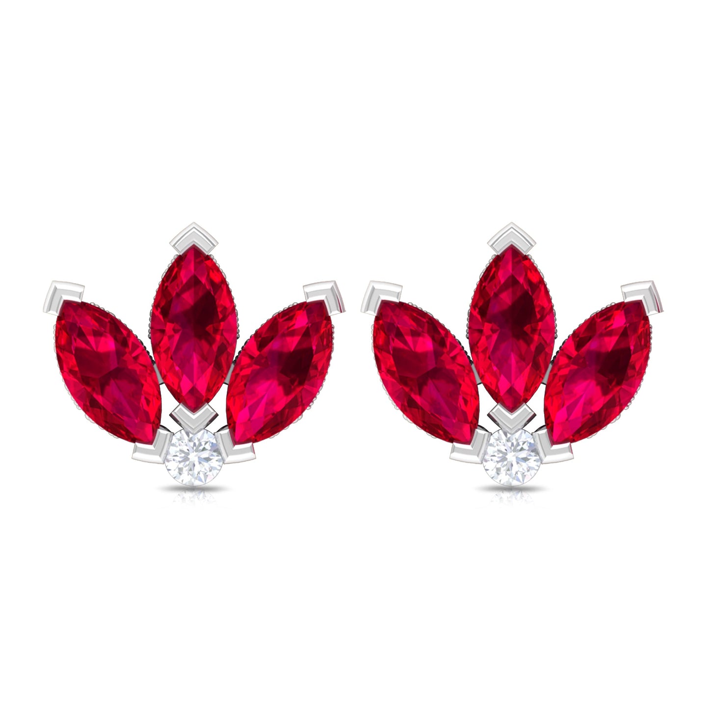 Lab Created Ruby Lotus Stud Earrings with Diamond