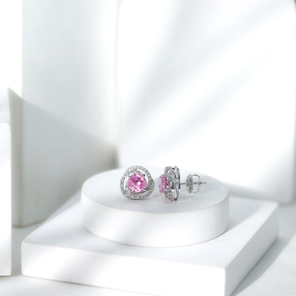 2 Carat Lab Created Pink Sapphire and Diamond Swirl Stud Earrings
