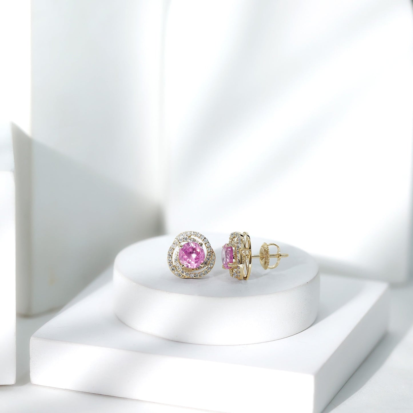 2 Carat Lab Created Pink Sapphire and Diamond Swirl Stud Earrings