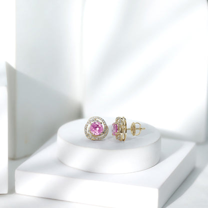 2 Carat Lab Created Pink Sapphire and Diamond Swirl Stud Earrings