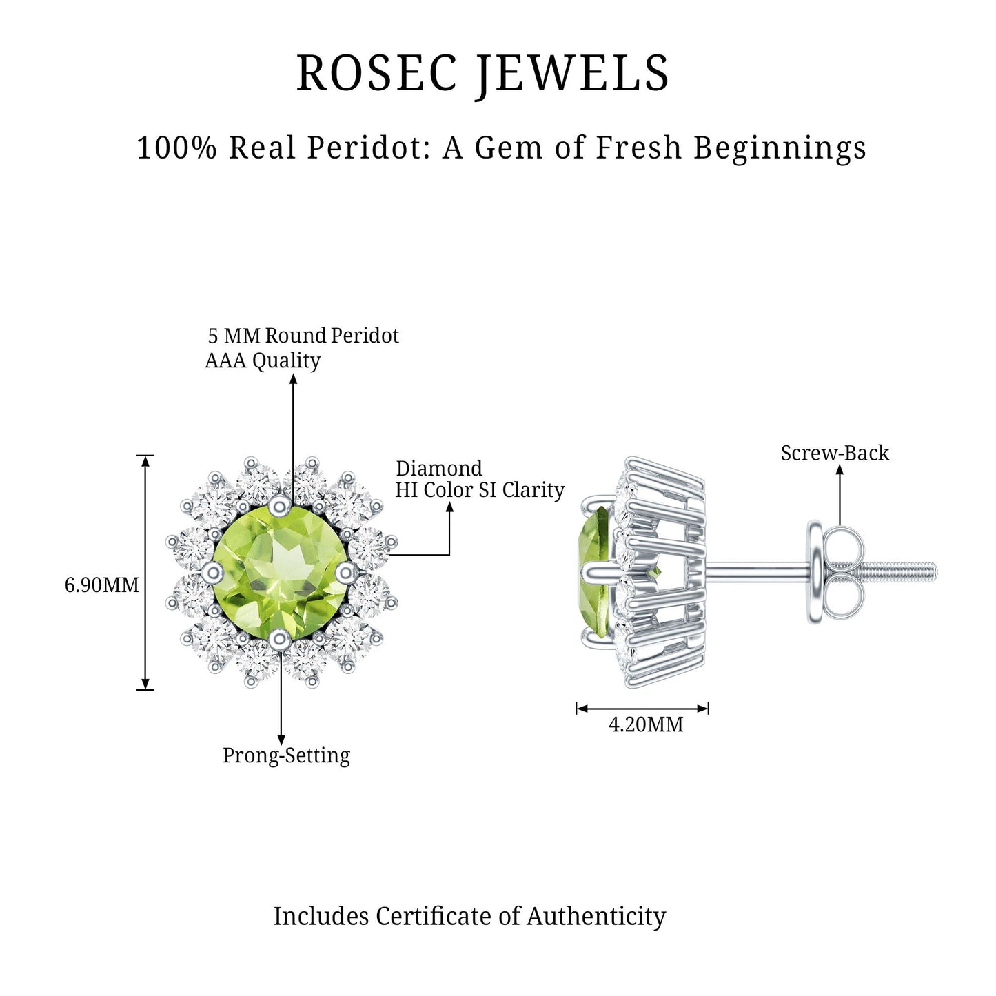 Natural 1 Carat Peridot Earrings with Diamond Halo for Women