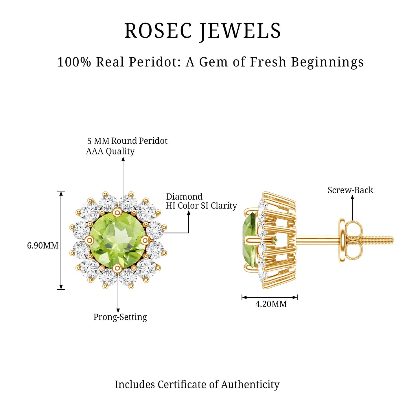 Natural 1 Carat Peridot Earrings with Diamond Halo for Women