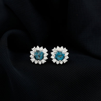 Real London Blue Topaz and Diamond Halo Stud Earrings