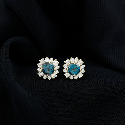 Real London Blue Topaz and Diamond Halo Stud Earrings