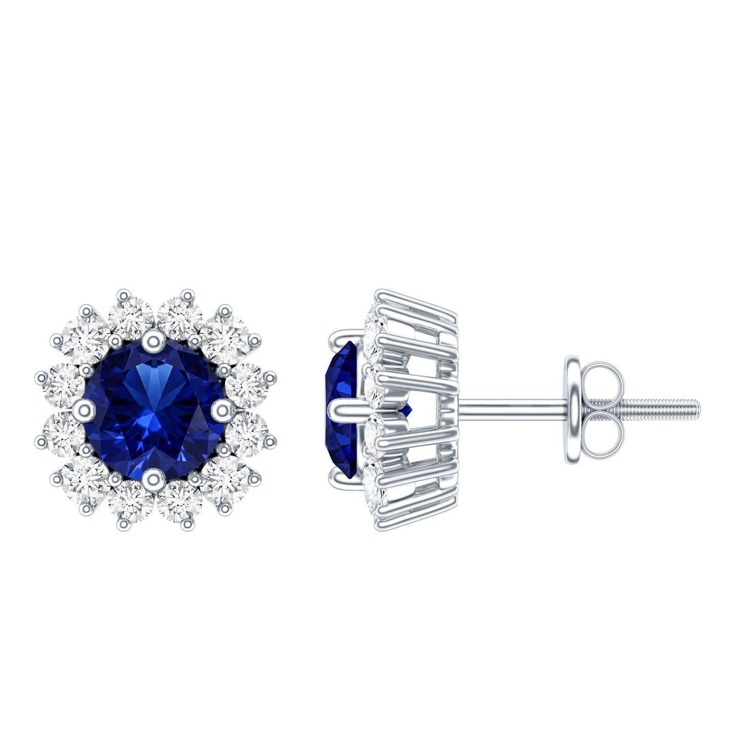 Brilliant Cut Lab Created Blue Sapphire Stud Earrings with Diamond Halo