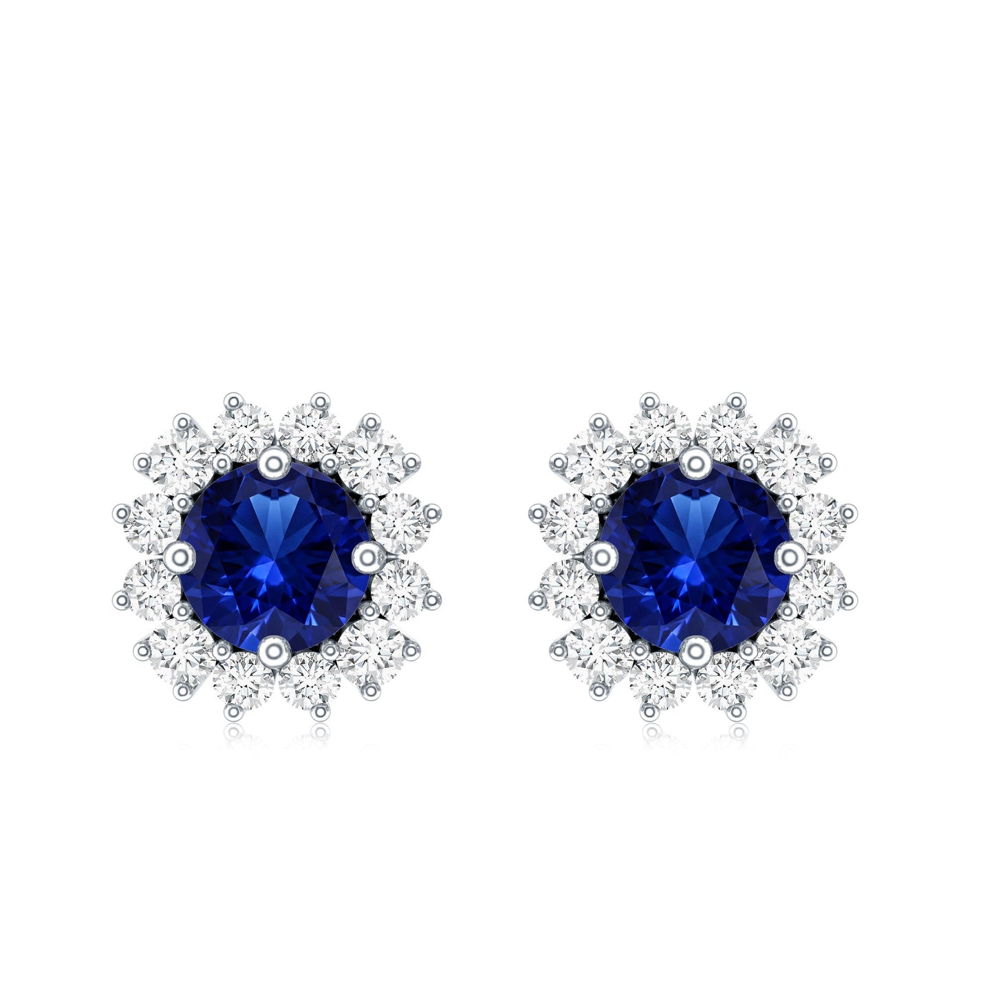 Brilliant Cut Lab Created Blue Sapphire Stud Earrings with Diamond Halo