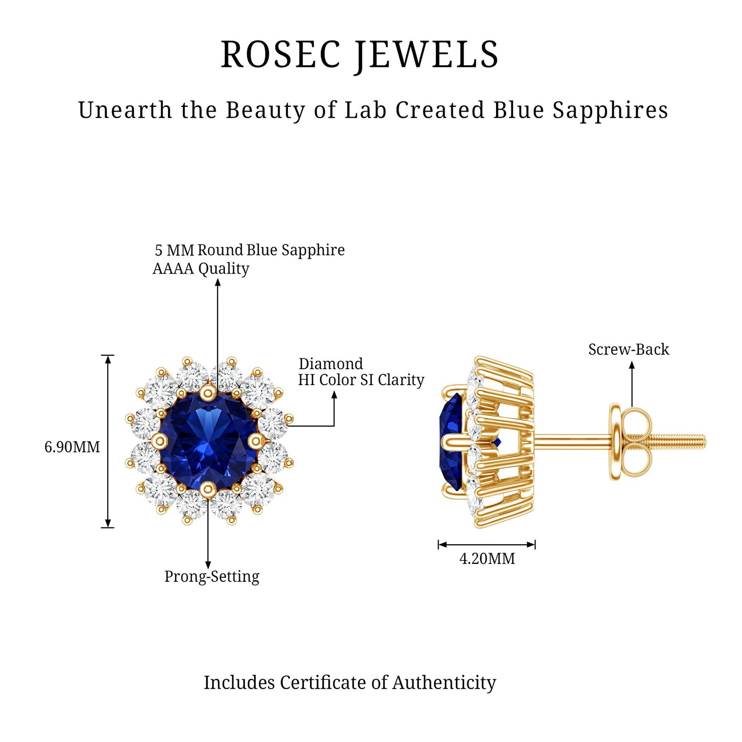 Brilliant Cut Lab Created Blue Sapphire Stud Earrings with Diamond Halo