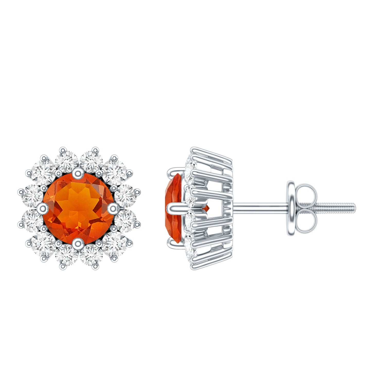 Natural Fire Opal Stud Earrings with Diamond Halo