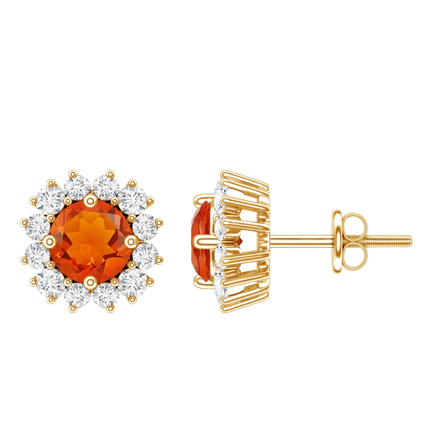 Natural Fire Opal Stud Earrings with Diamond Halo