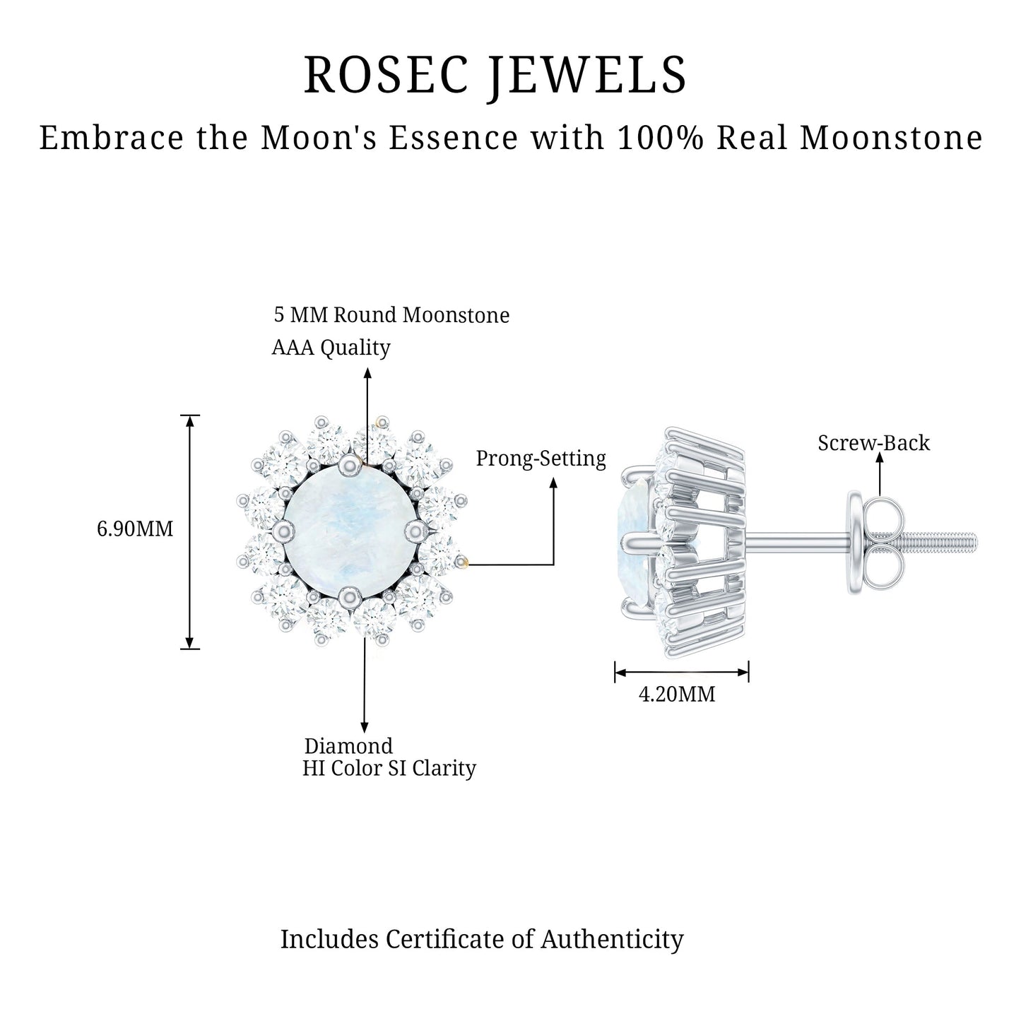 Genuine 0.7 Carat Moonstone Stud Earrings with Diamond Halo