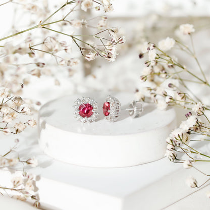 Genuine Pink Tourmaline and Diamond Halo Stud Earrings