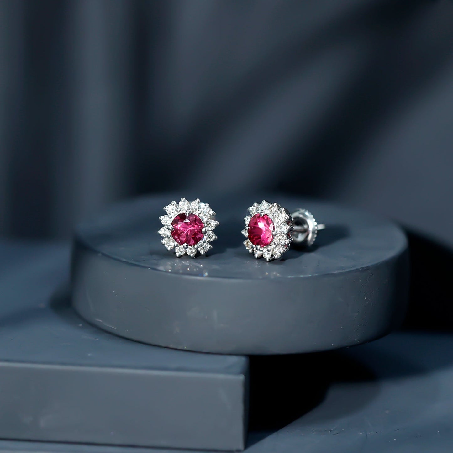 Genuine Pink Tourmaline and Diamond Halo Stud Earrings