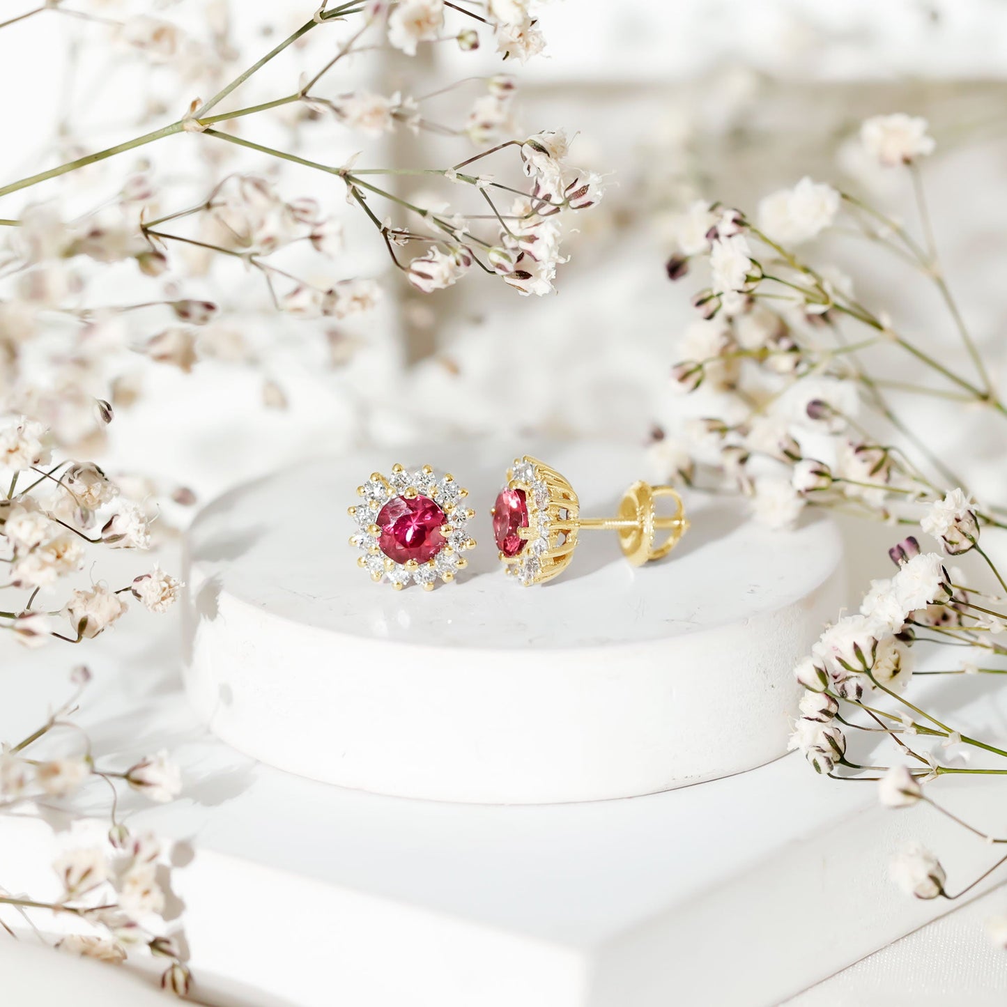 Genuine Pink Tourmaline and Diamond Halo Stud Earrings